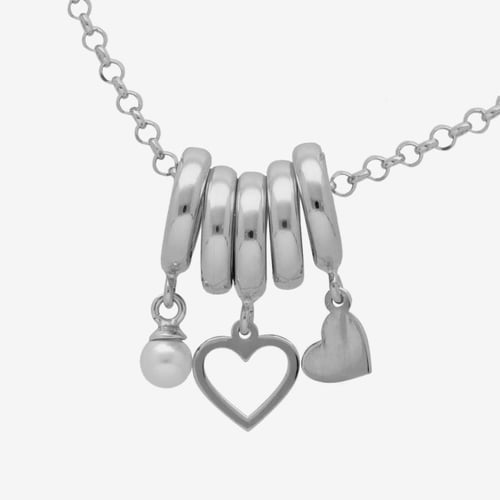 Sincerely rhodium-plated necklace with heart, pearls and circle chamings