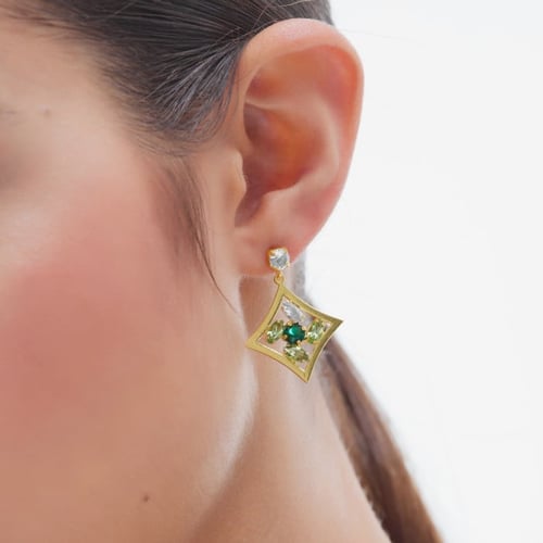 Paris gold-plated Emerald rhommbus shape long earrings