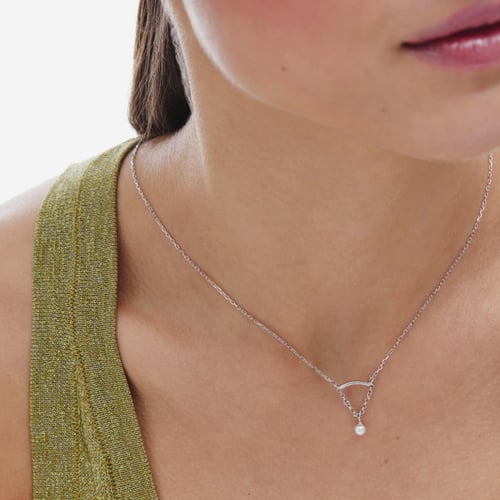Milan rhodium-plated curve shape necklace with pearl and chain