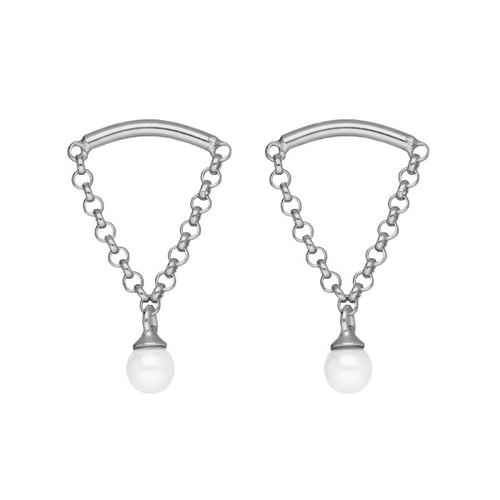 Milan rhodium-plated curve shape earrings with pearl and chain