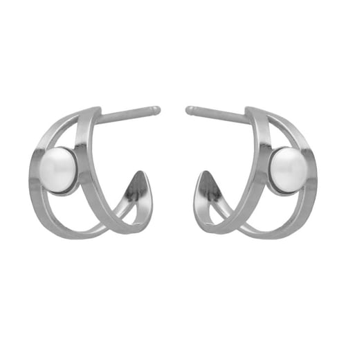 Milan rhodium-plated double hoop earrings with a pealr