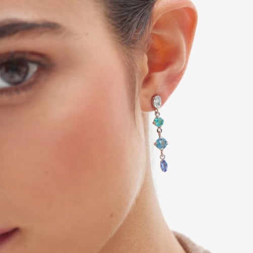 Lisbon rhodium-plated multicolor cascade shape in blue tones earrings with a leaf