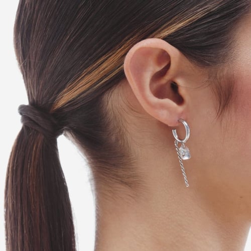 London rhodium-plated curb chain hoop earrings with rectangle charm