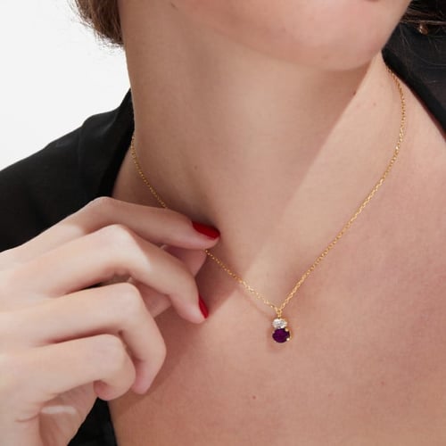 Cinnamon gold-plated short necklace with purple crystal in you&me shape