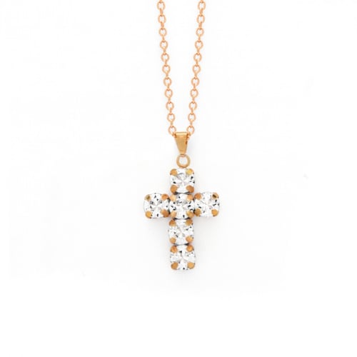 Minimal cross crystal necklace in rose gold plating in gold plating