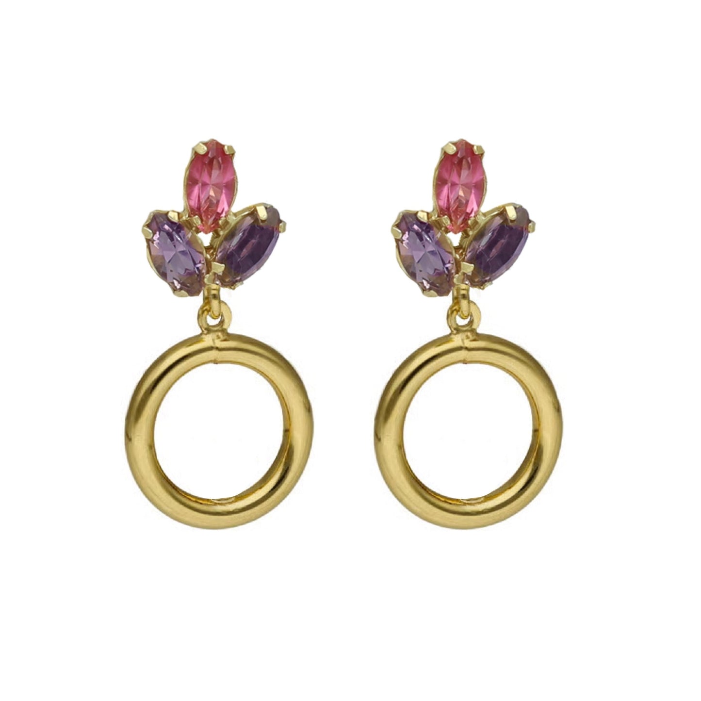 Pendientes largos Lia círculo rosa en Plata baño Oro
