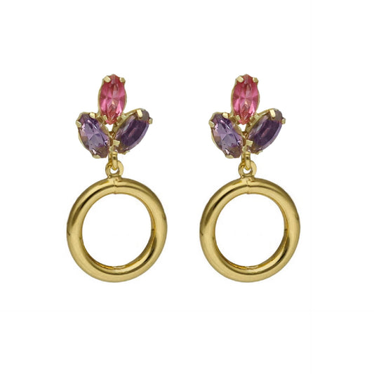 Pendientes largos Lia círculo rosa en Plata baño Oro