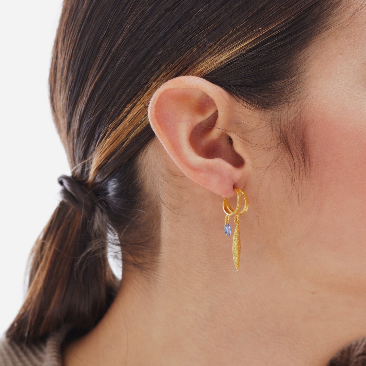 Pendientes aro Lisbon hoja cristal azul en Plata