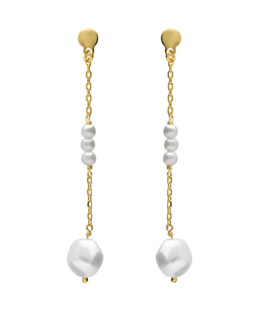 Pendientes largos Solene con perla barroca en Plata baño Oro