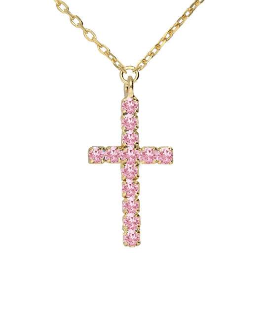 Collar corto Eau cruz con cristales riviere rosa en Plata baño Oro