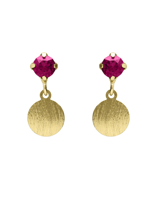 Pendientes cortos Azure círculo textura con cristal rosa en Plata baño Oro