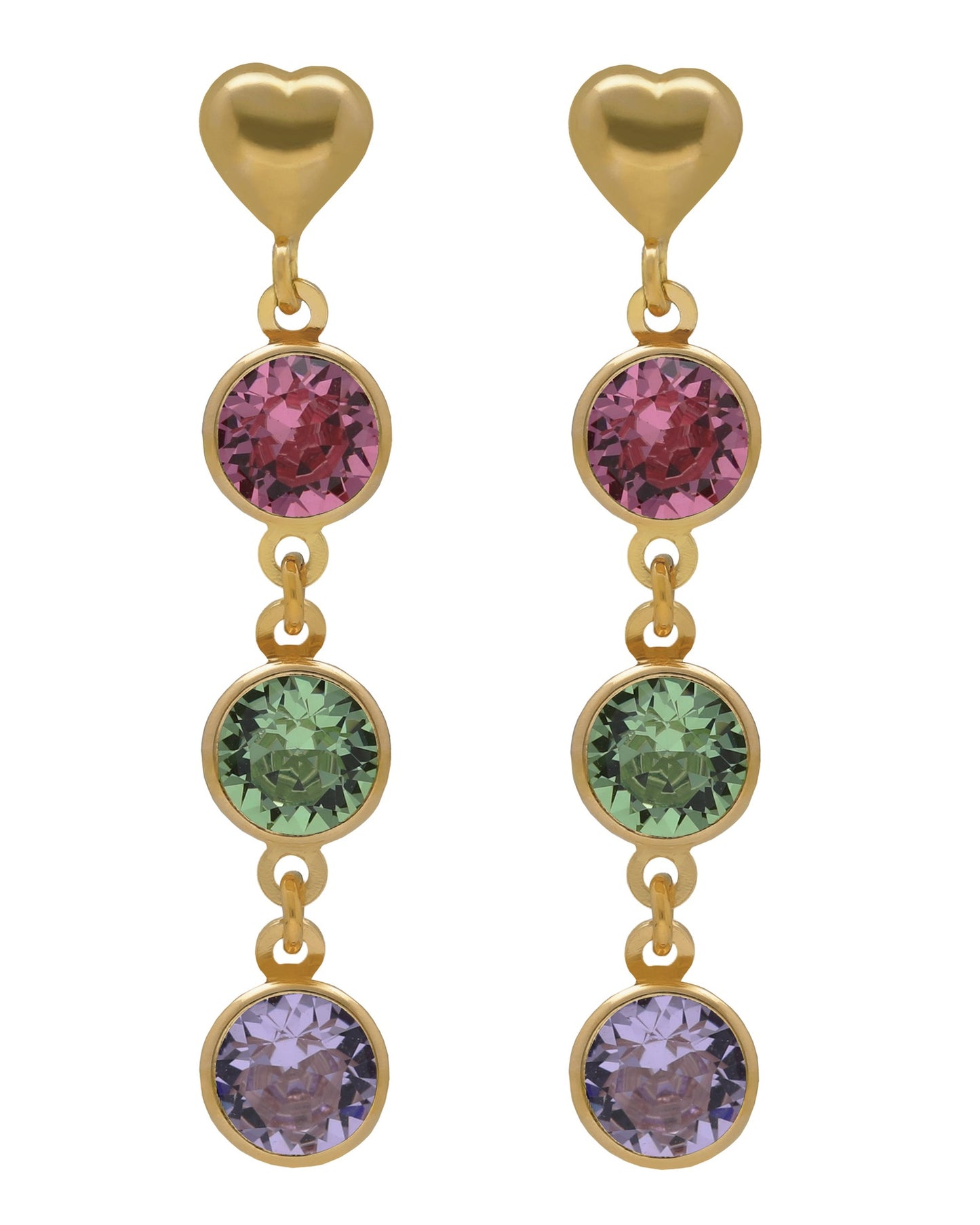 Muá heart long Earrings with multicolor crystal in gold plated silver