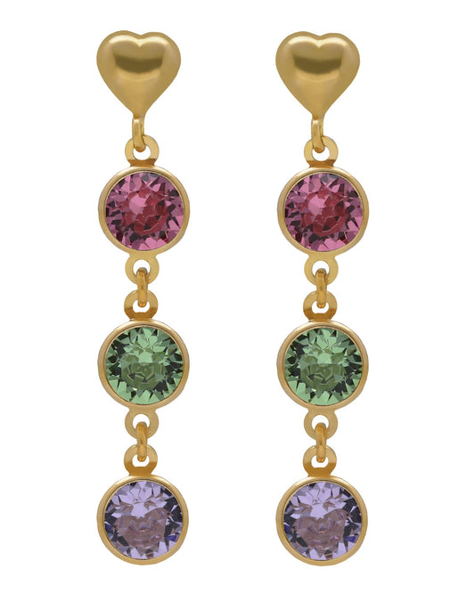 Pendientes largos Muá corazón con cristal multicolor en plata baño oro