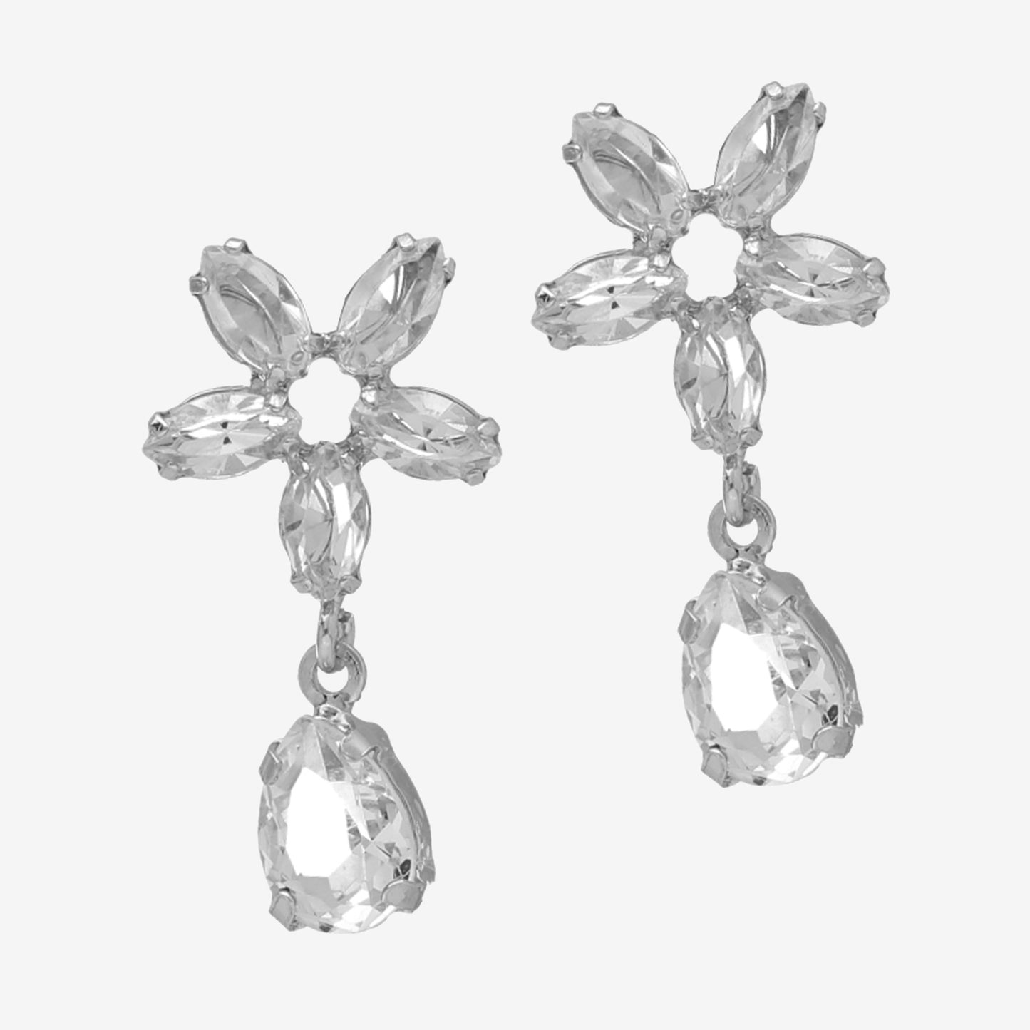 Pendientes cortos Grace flor cristal blanco en Plata baño rodio