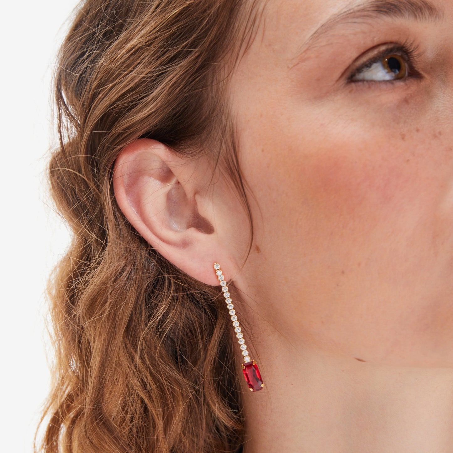 Gold plated Sterling Silver Long earrings waterfall red crystal from Ginger