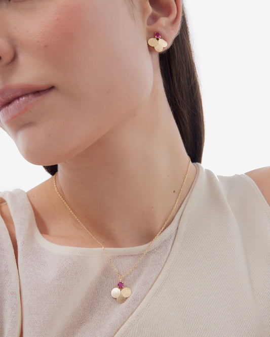 Pendientes botón Azure círculo textura con cristal rosa en Plata baño Oro