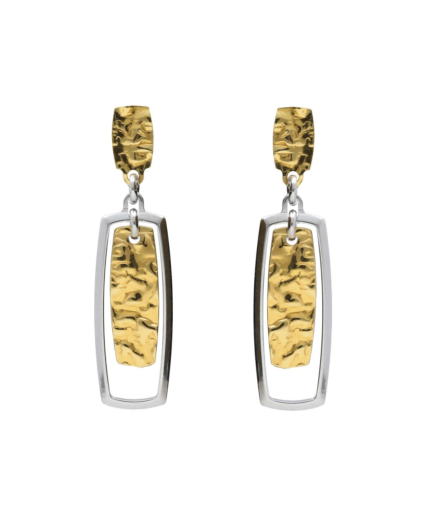 Avenue long rectangular earrings with a bicolour texture in silver.
