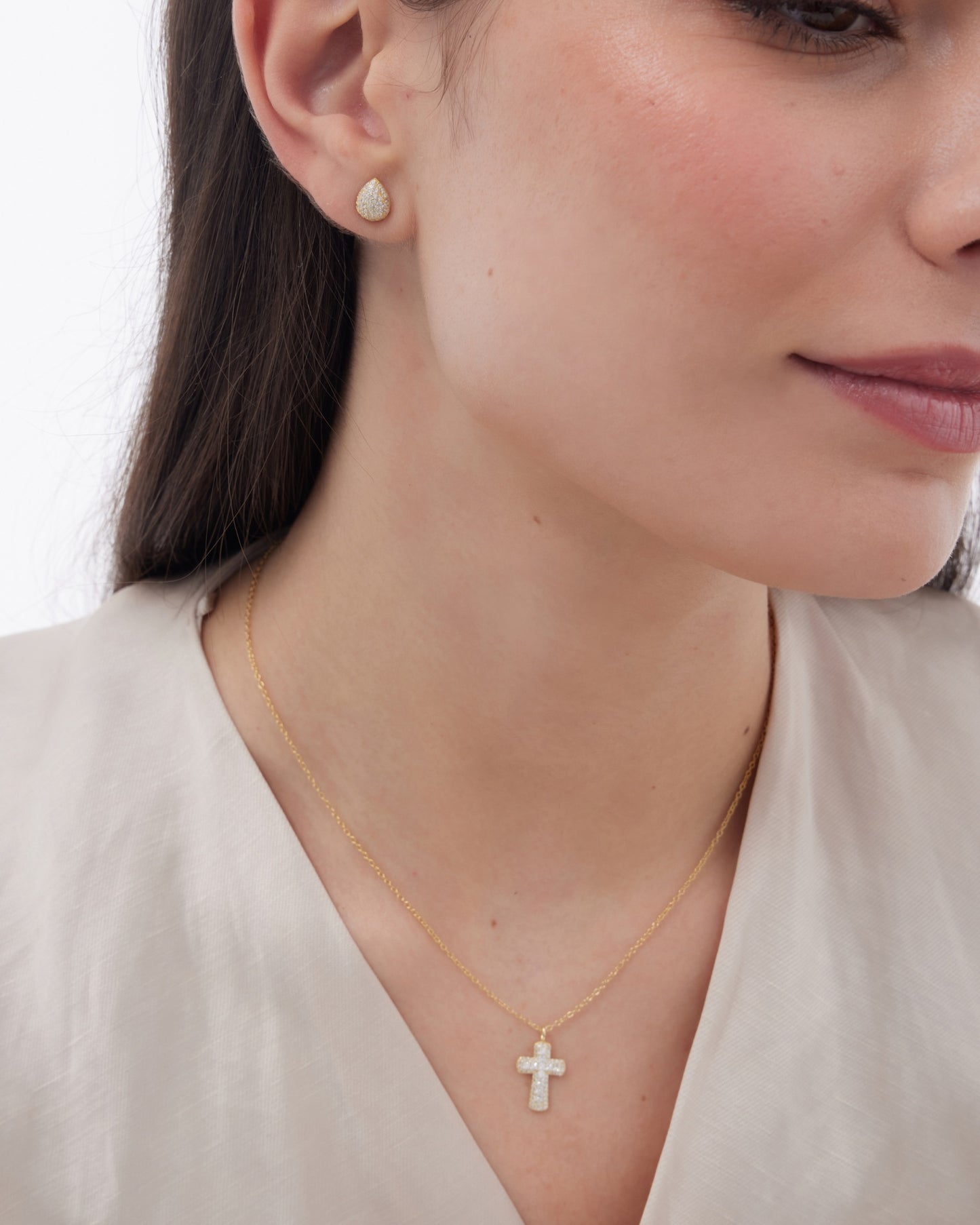 Pendientes botón Lux gota con circonita blanca en Plata