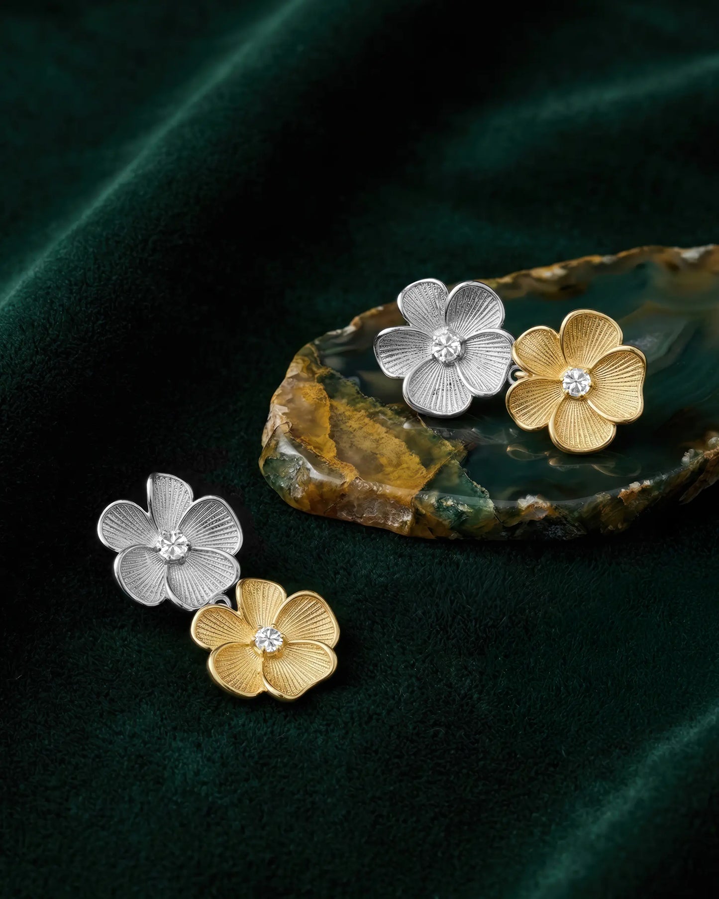 Origami flower short earrings with white crystal in Sterling silver plated gold and rhodium