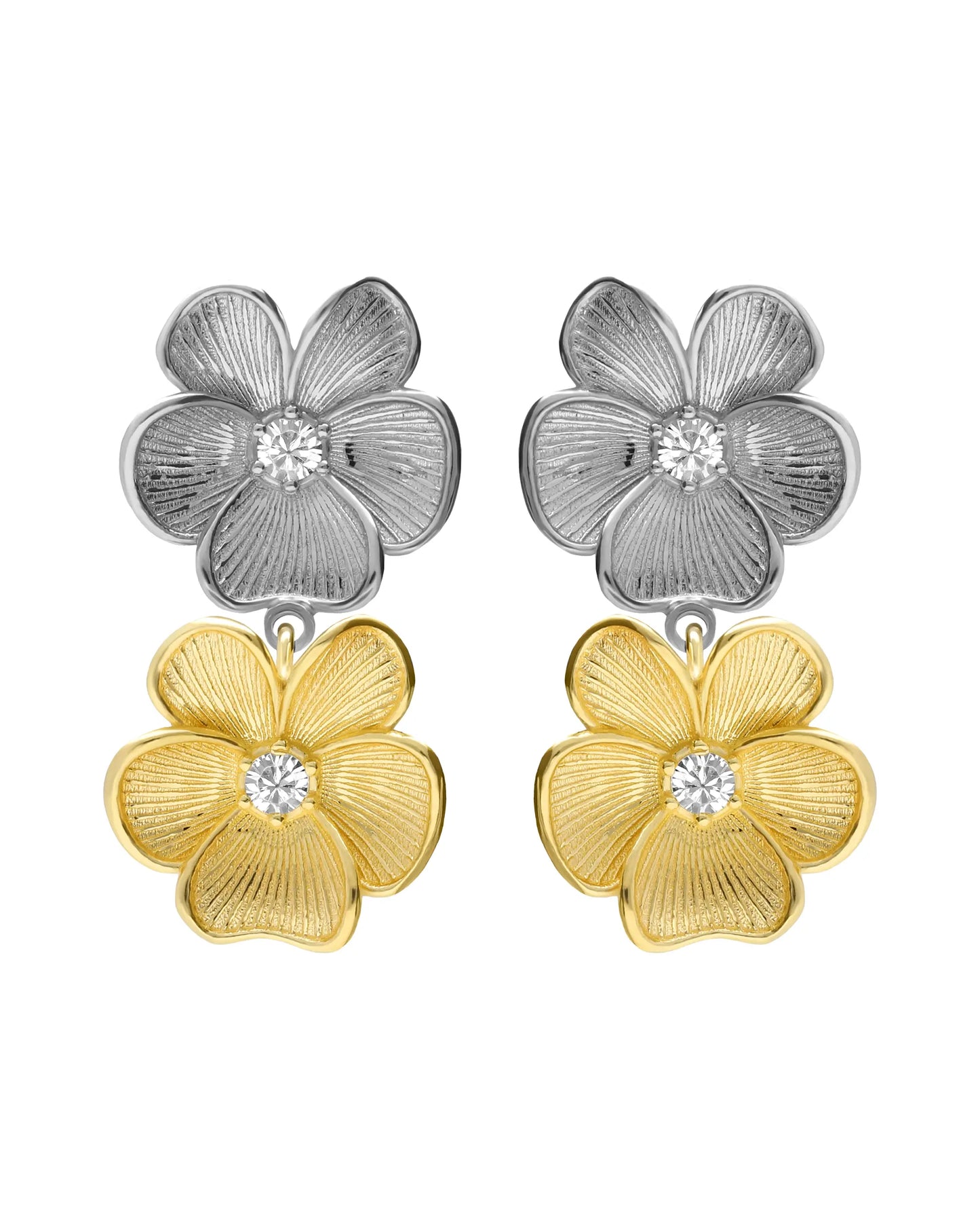 Origami flower short earrings with white crystal in Sterling silver plated gold and rhodium