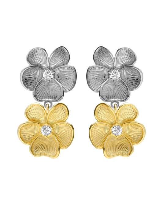 Pendientes cortos Origami flor bicolor con cristal blanco en Plata baño oro y rodio