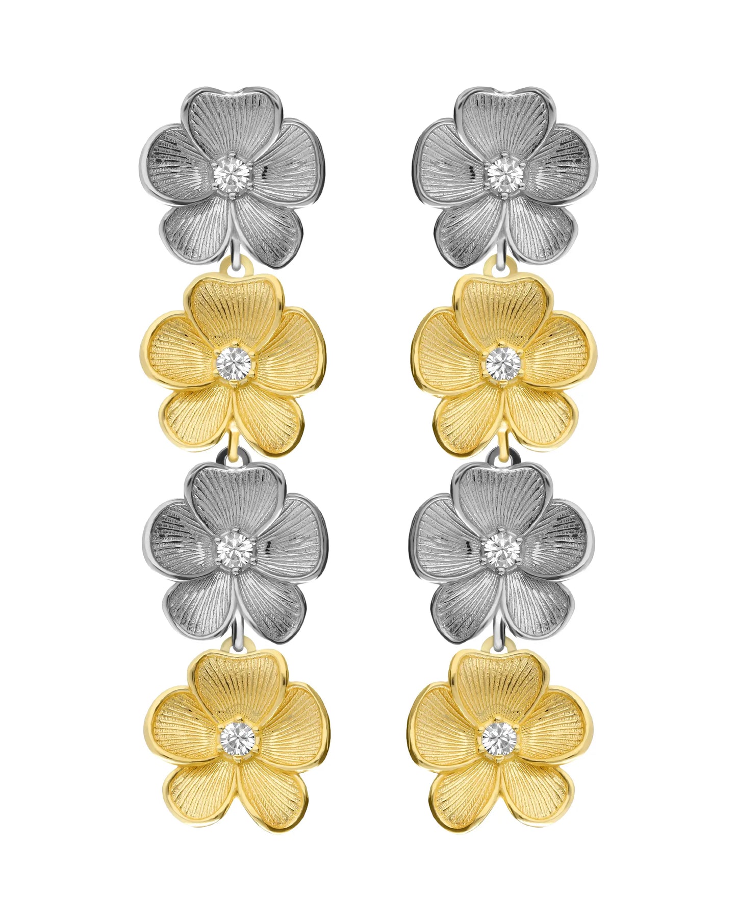 Pendientes largos Origami flor bicolor con cristal blanco en Plata baño oro y rodio