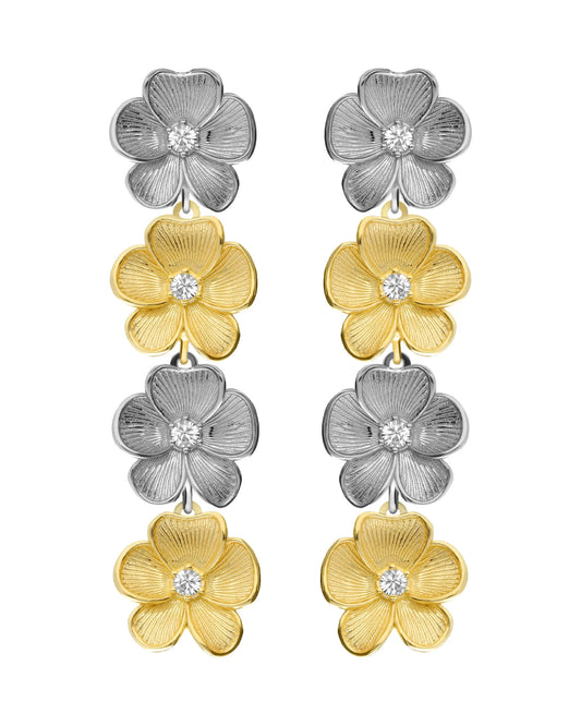 Pendientes largos Origami flor bicolor con cristal blanco en Plata baño oro y rodio
