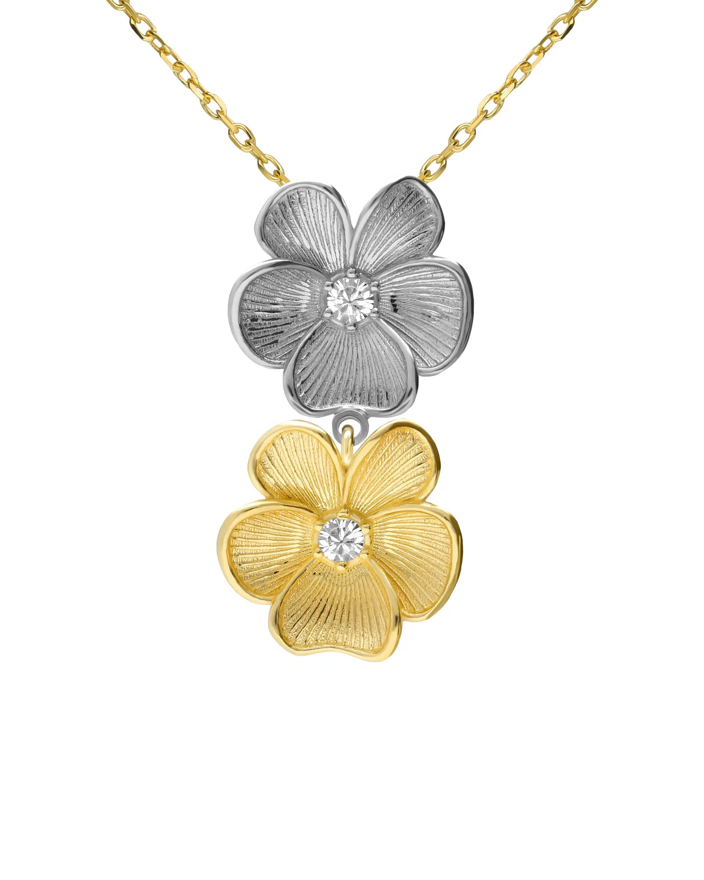 Origami flower short necklace with white crystal in Sterling silver plated gold and rhodium