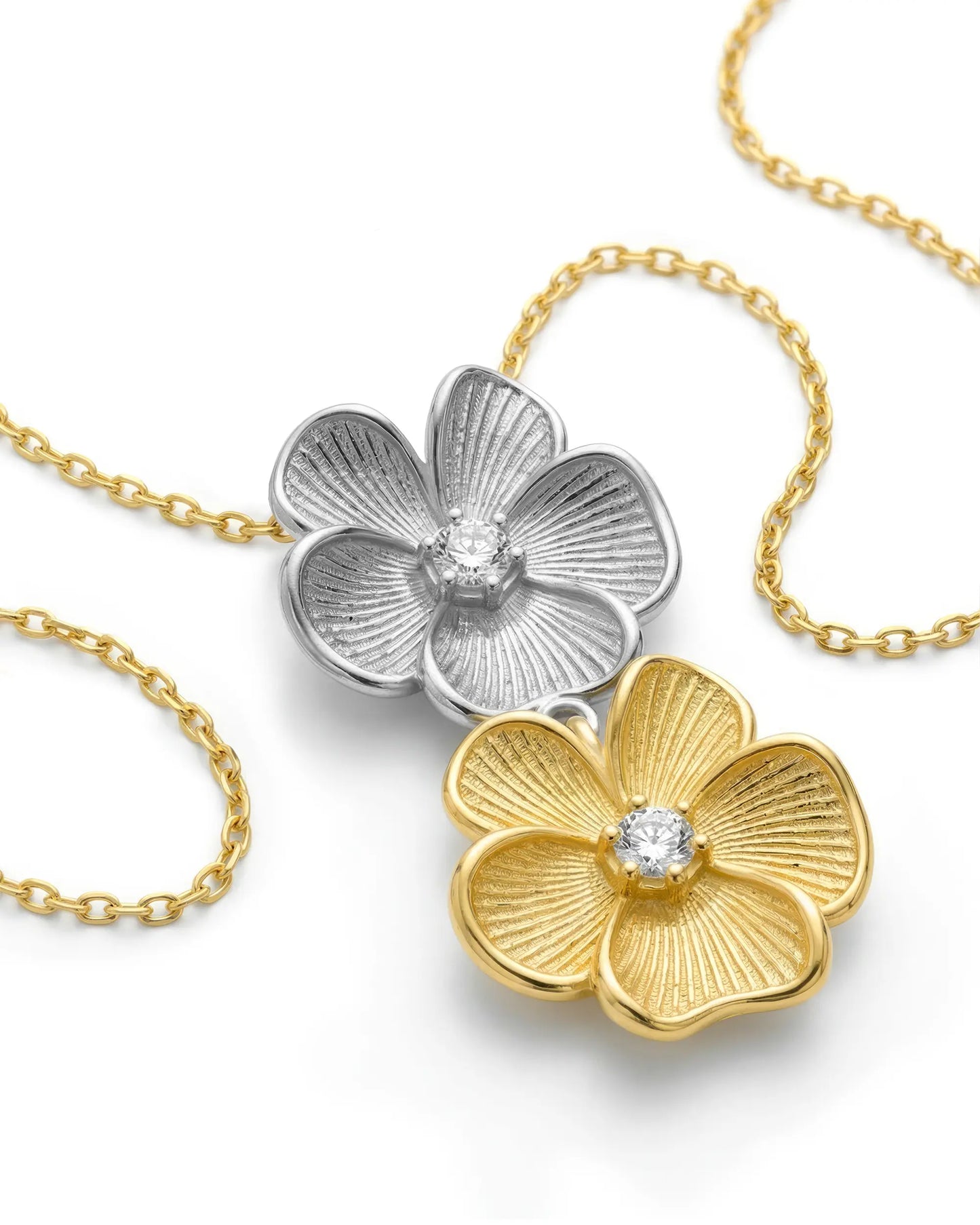 Origami flower short necklace with white crystal in Sterling silver plated gold and rhodium