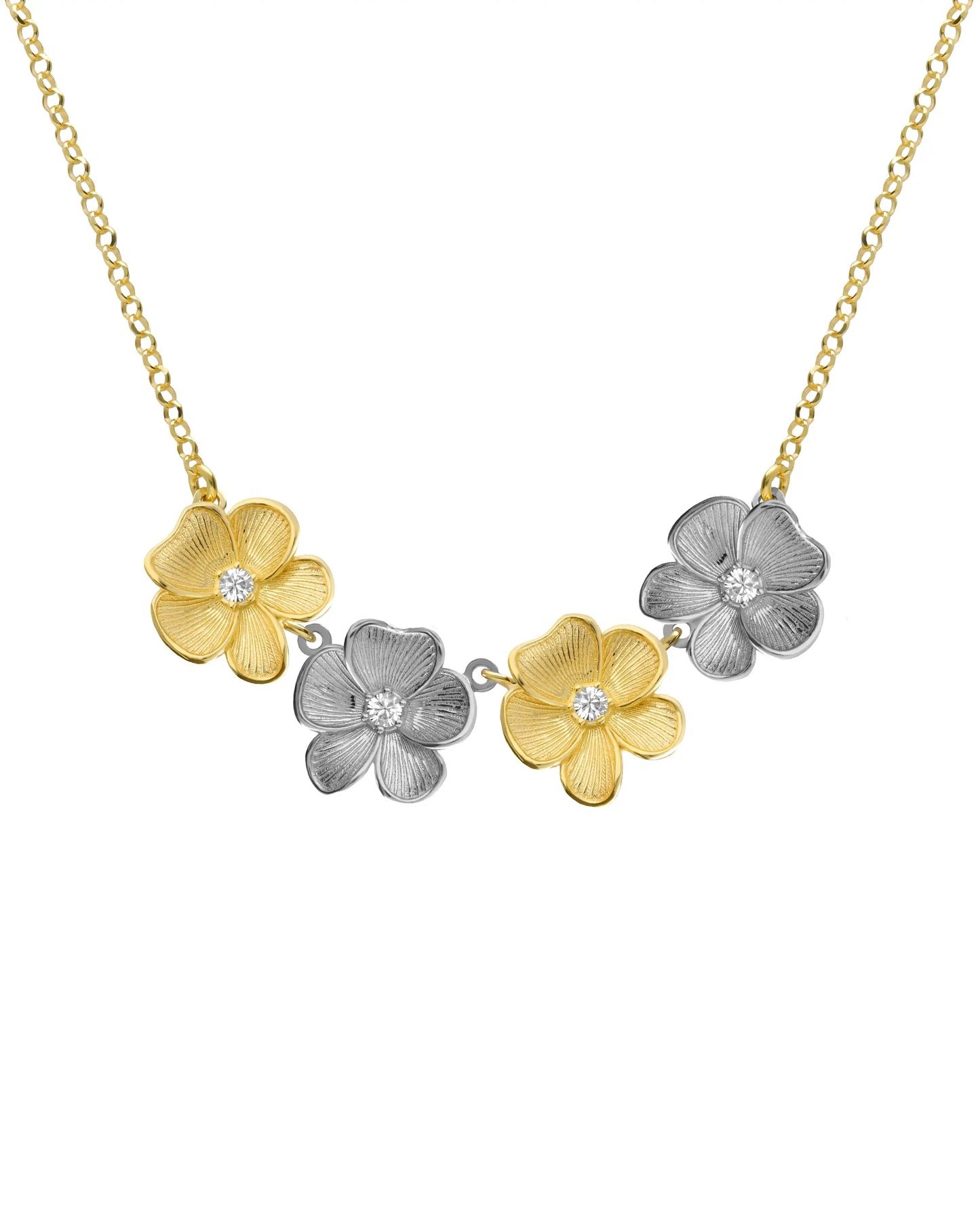 Origami flower short necklace with white crystal in Sterling silver plated gold and rhodium