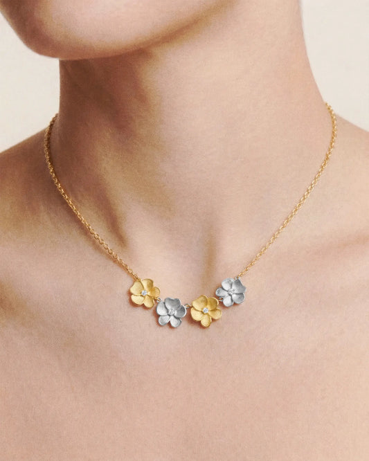 Collar corto Origami flor bicolor con cristal blanco en Plata baño oro y rodio