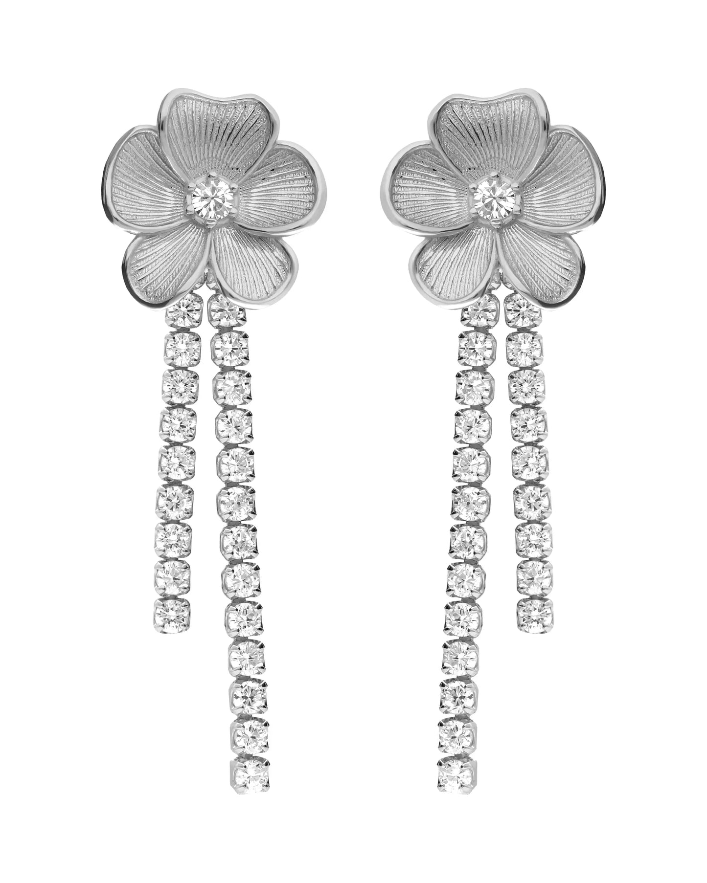 Pendientes largos Origami flor con cristales riviere en Plata
