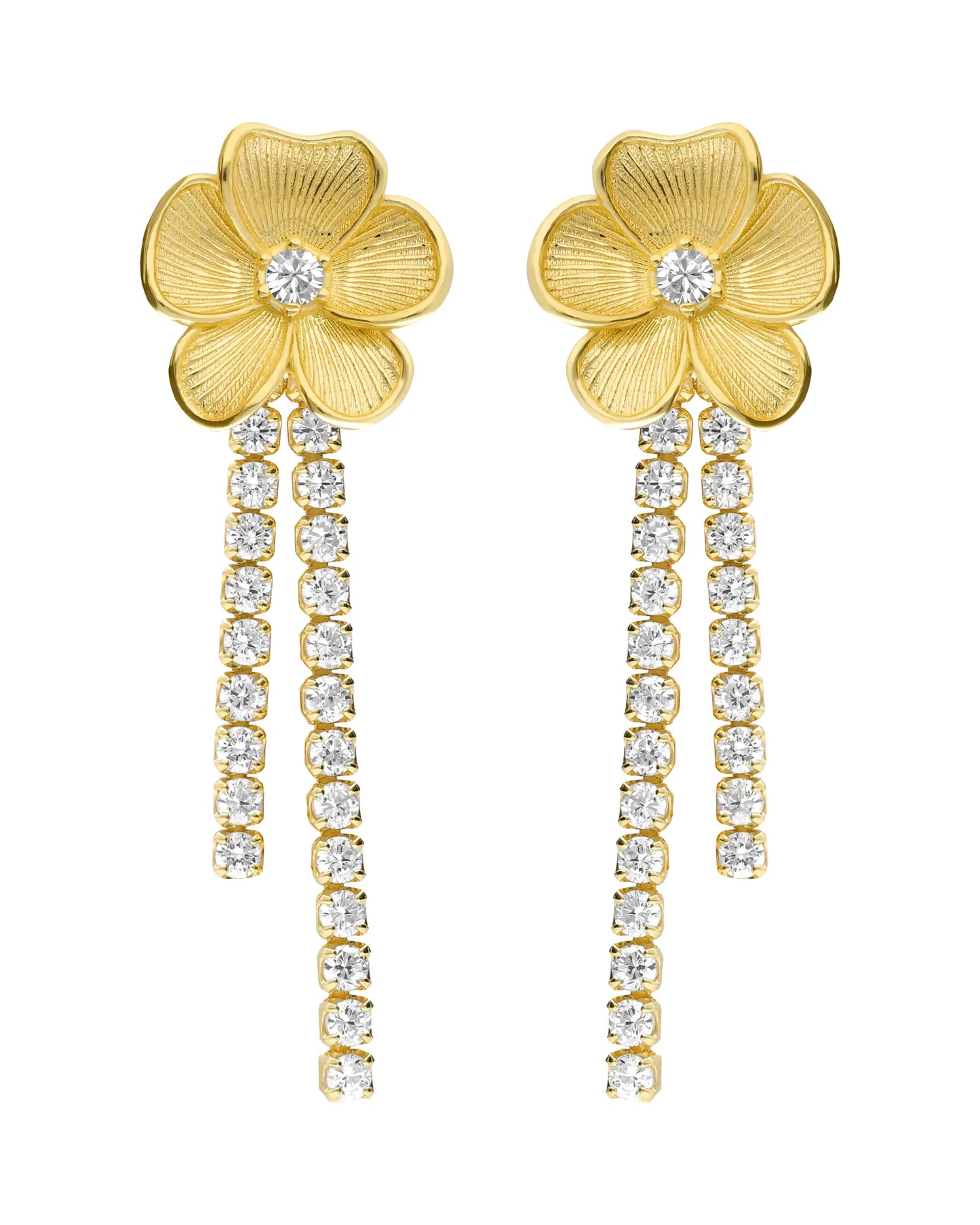Pendientes largos Origami flor con cristales riviere en Plata