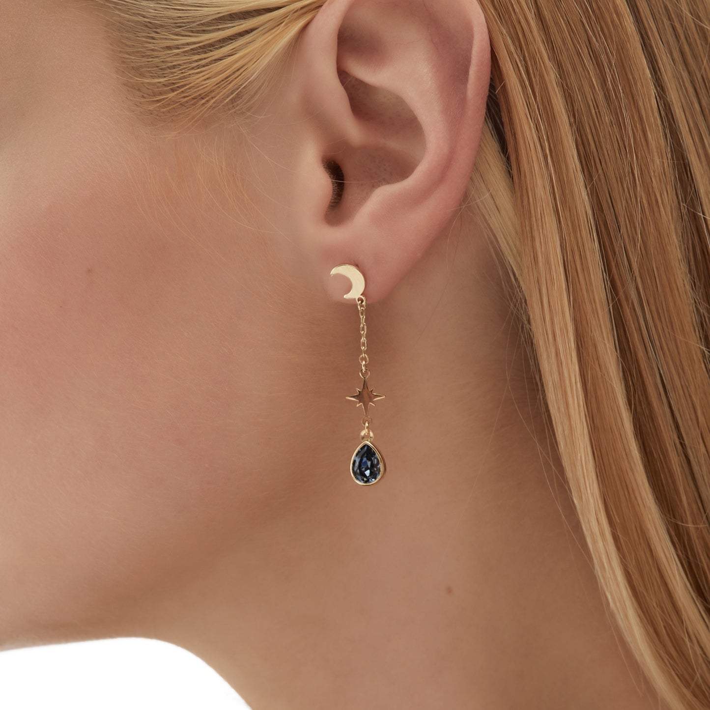 Pendientes largos Firmamento luna cristal azul en Plata