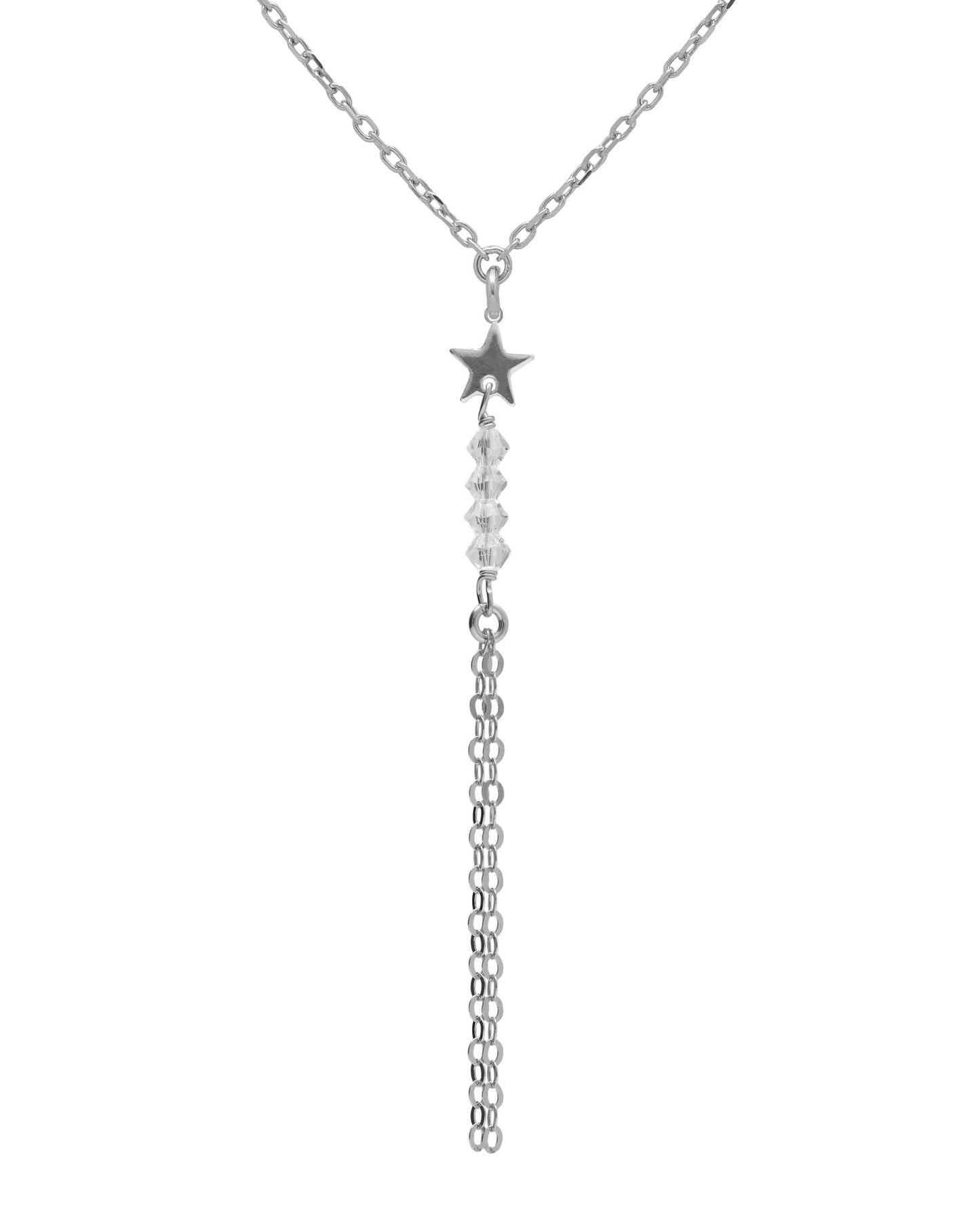 Collar largo Muse estrella y cadenas con cristal blanco en Plata