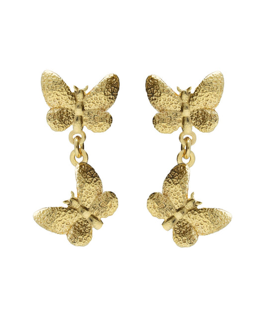 Pendientes largos Fleur mariposa doble en Plata baño Oro