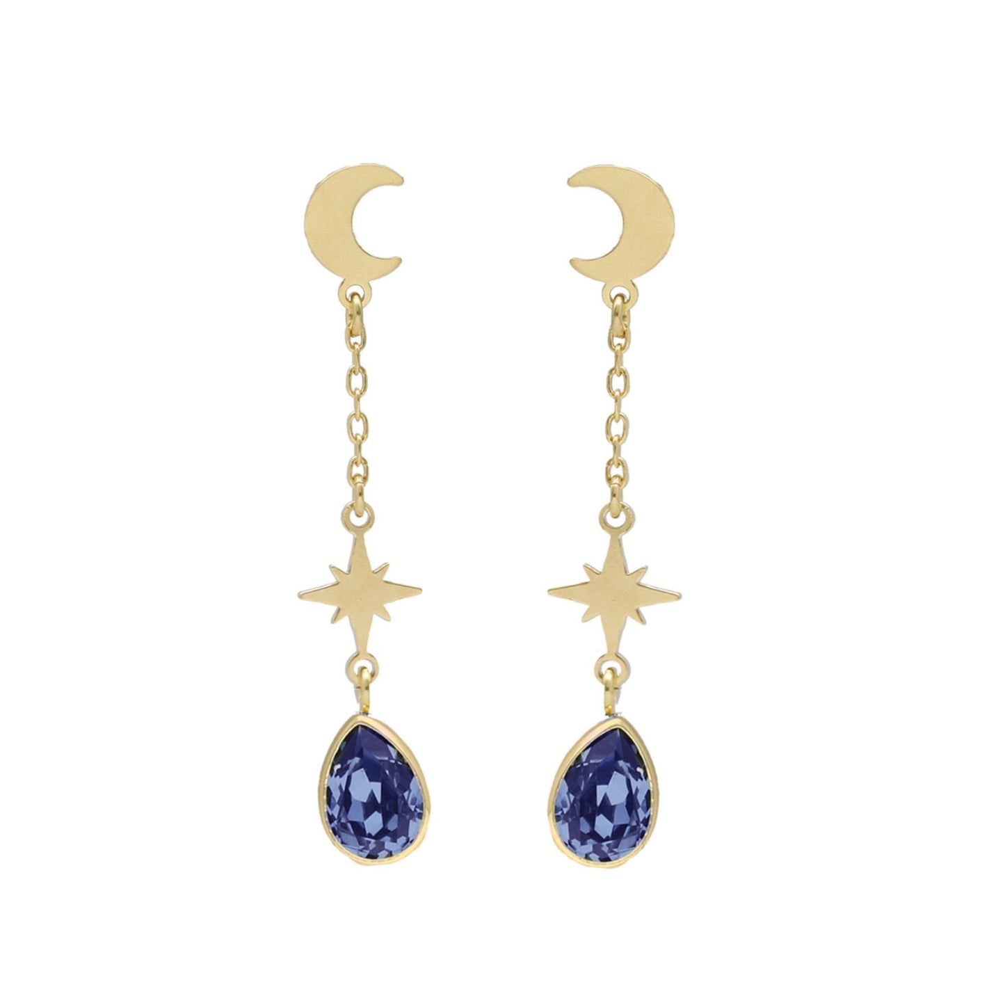 Pendientes largos Firmamento luna cristal azul en Plata