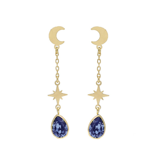 Pendientes largos Firmamento luna cristal azul en Plata
