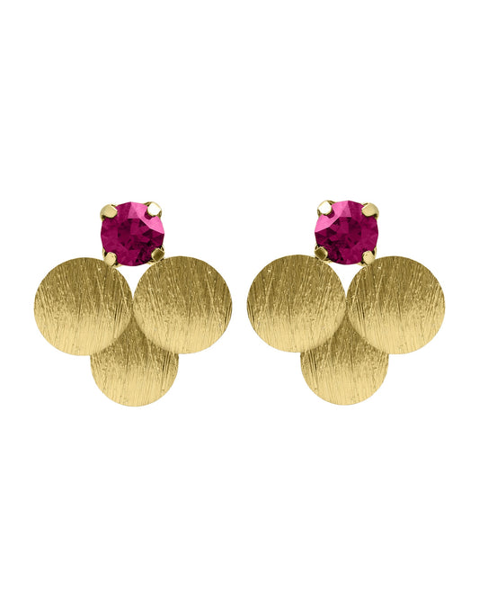 Pendientes botón Azure círculo textura con cristal rosa en Plata baño Oro