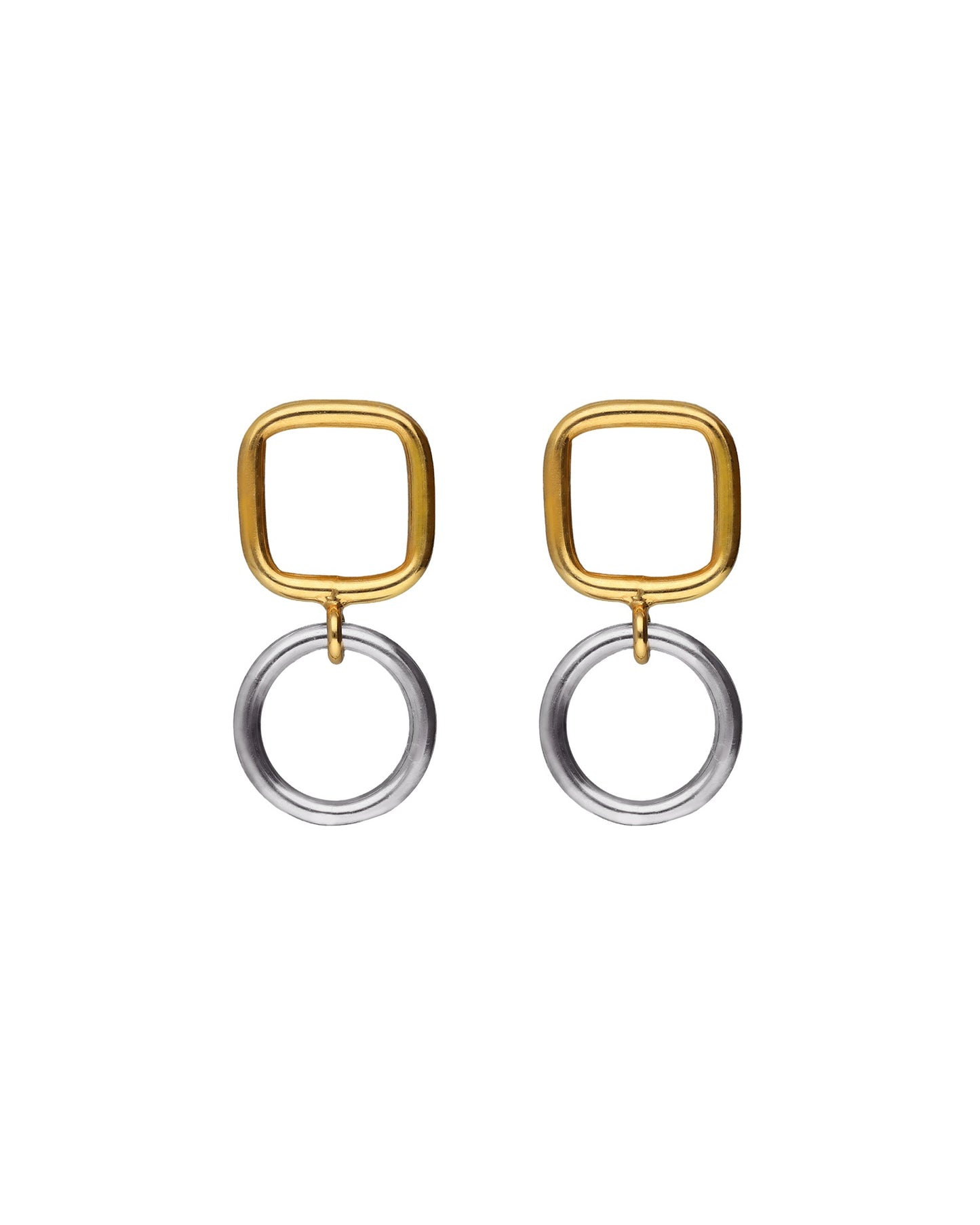 Pendientes cortos bicolor círculo y cuadrado Nivola en Plata baño Oro y Rodio