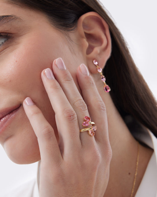 Pendientes largos Eau con cristal rosa en Plata baño Oro