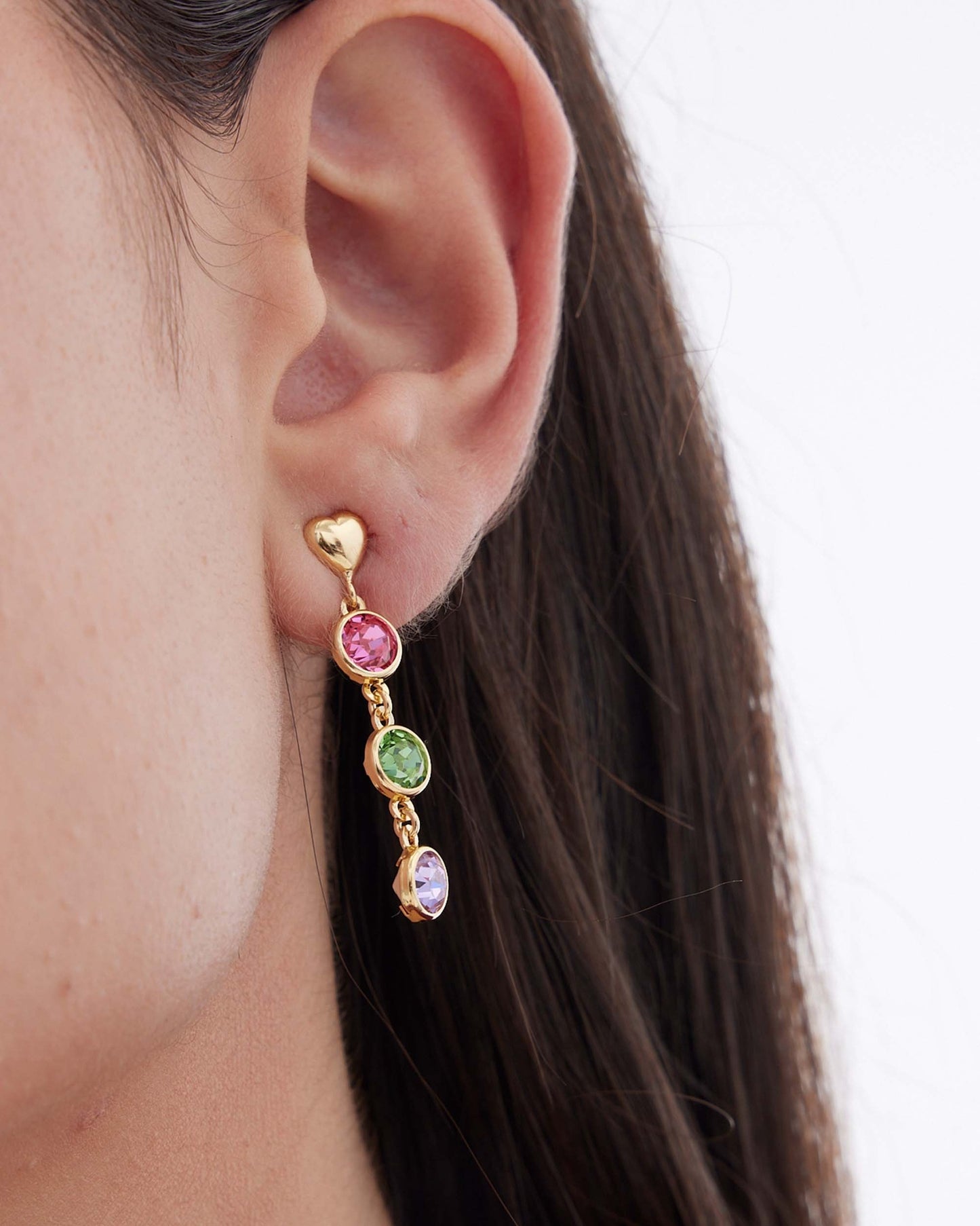 Muá heart long Earrings with multicolor crystal in gold plated silver