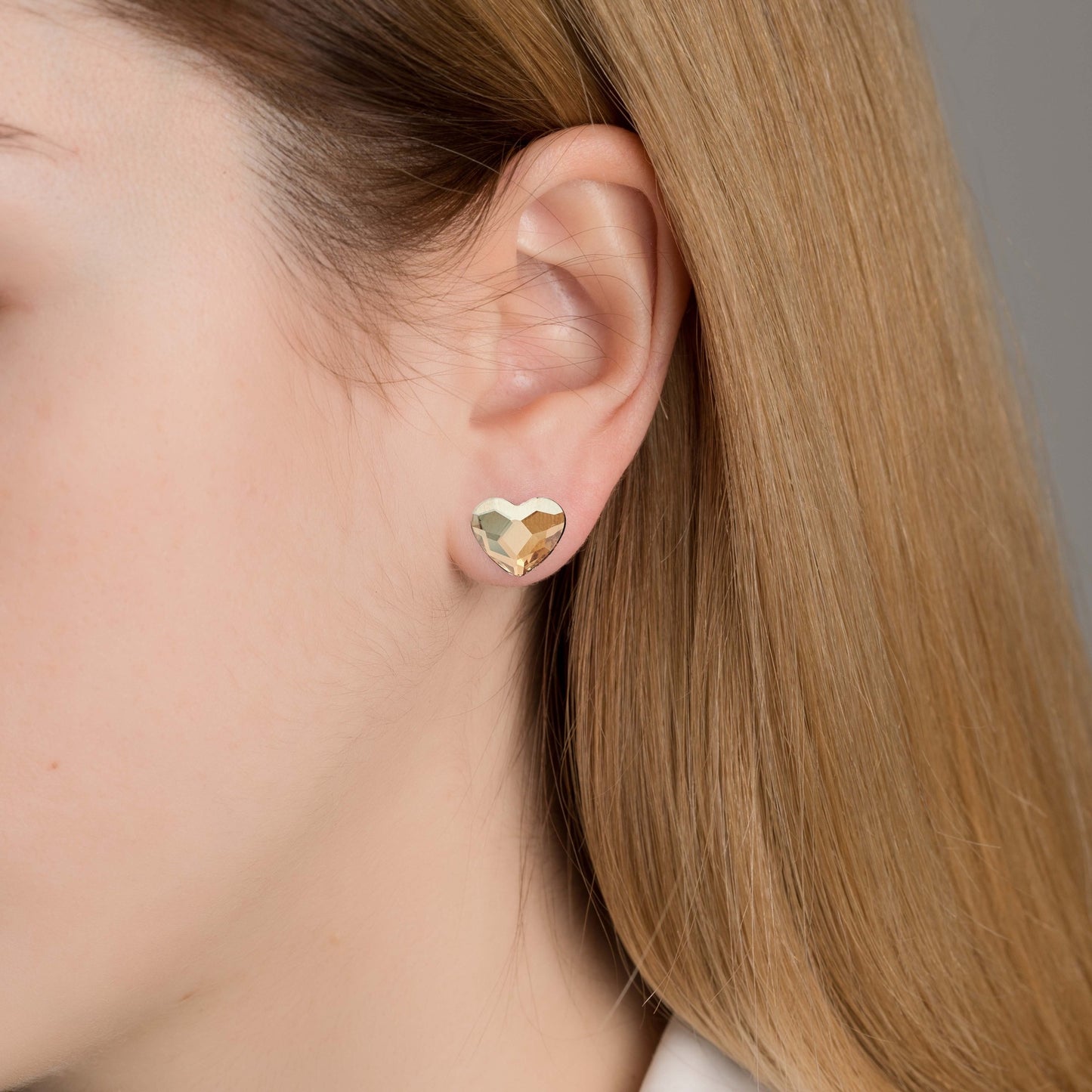 Pendientes botón Cuore corazón grande cristal en Plata baño Oro Rosa
