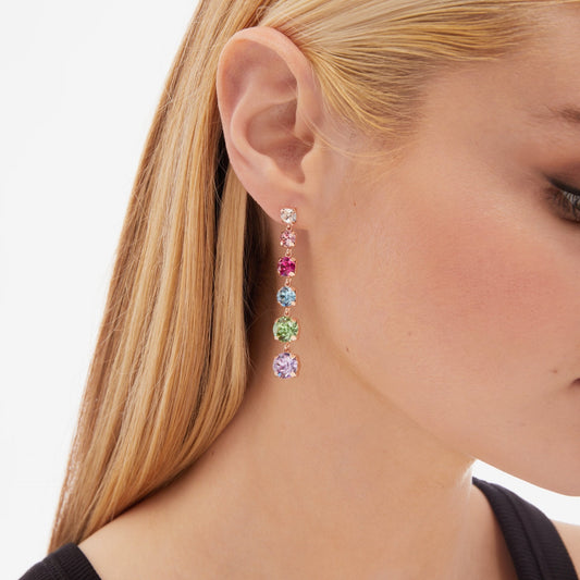 Pendientes largos Celine cristal multicolor en Plata baño Oro Rosa