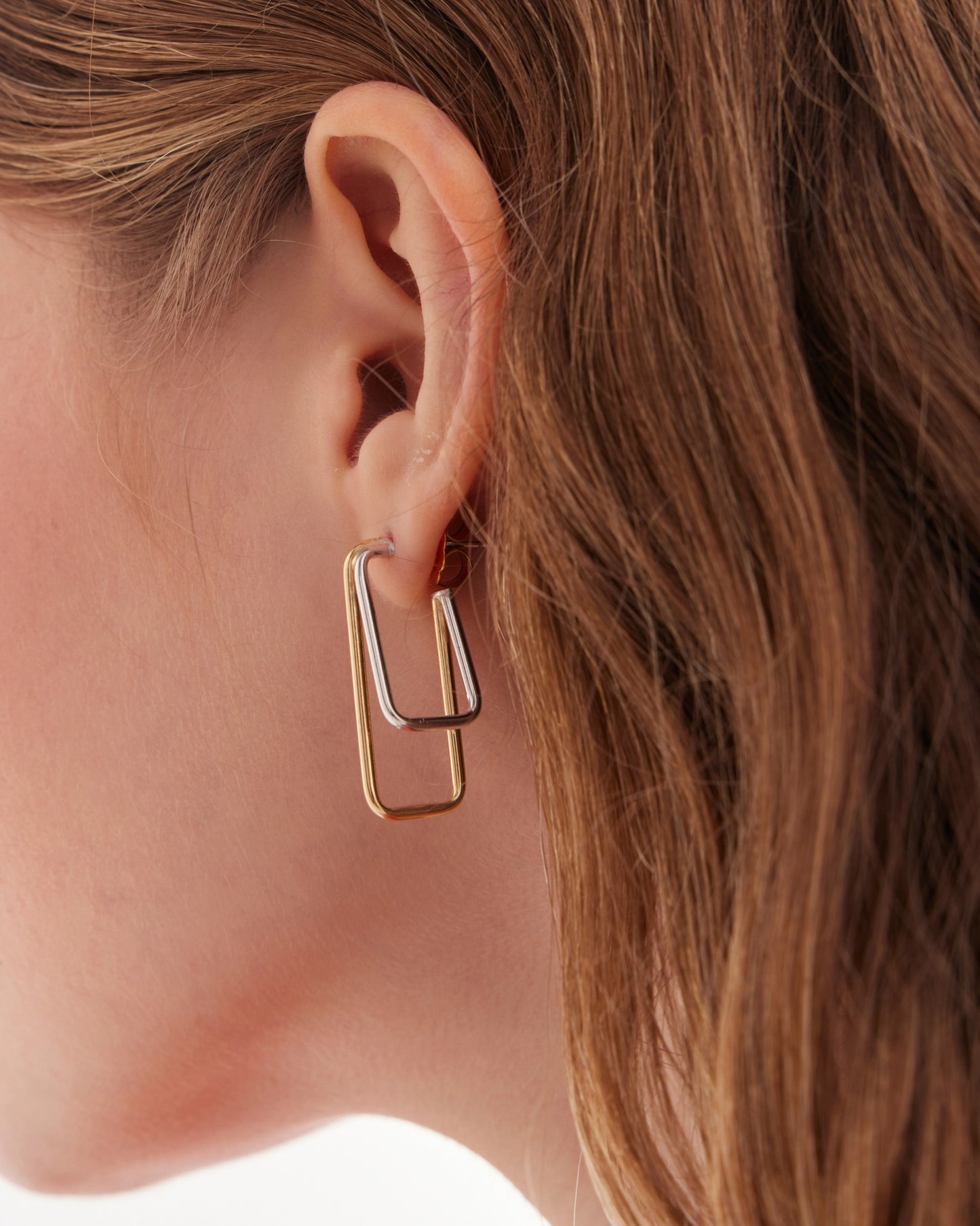 Pendientes largos bicolor rectángulo Nivola en Plata baño Oro y Rodio