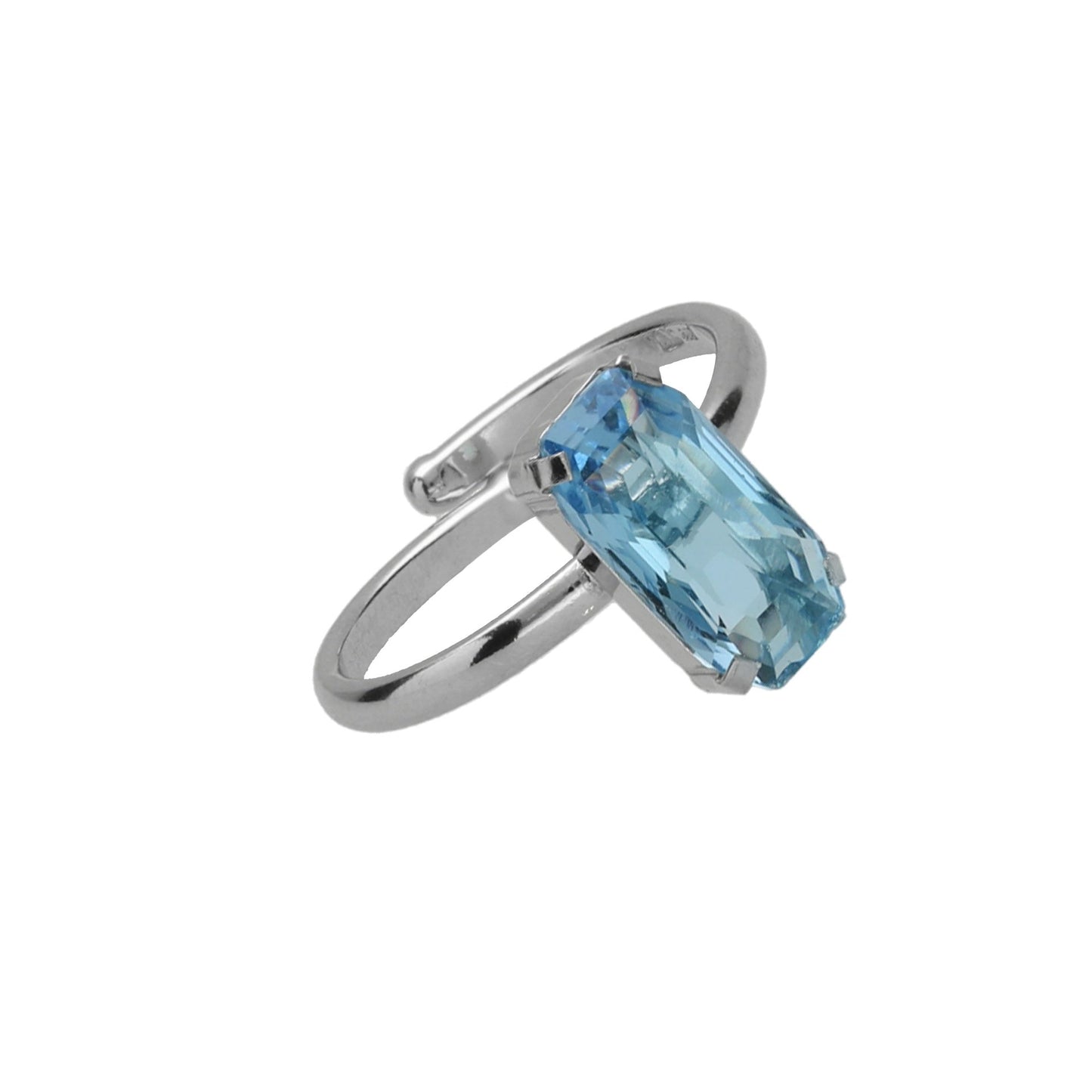 Anillo ajustable Inspire rectángulo cristal azul en Plata baño rodio