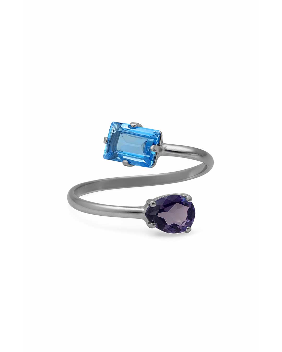 Anillo ajustable espiral Borea con cristal azul y morado en Plata baño Rodio