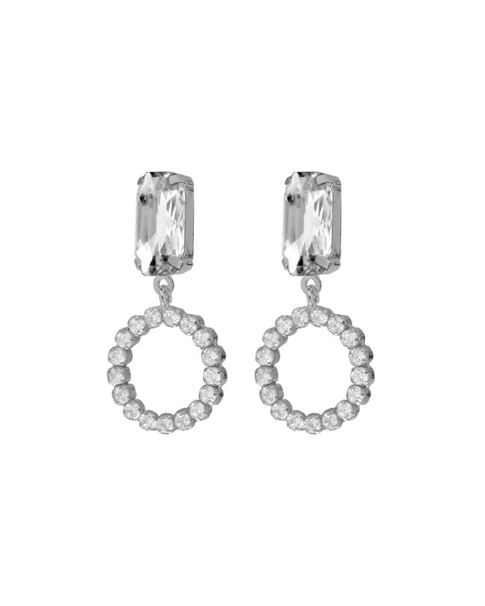 Pendientes cortos rectángulo y círculo Lieve con cristal riviere blanco en Plata baño rodio