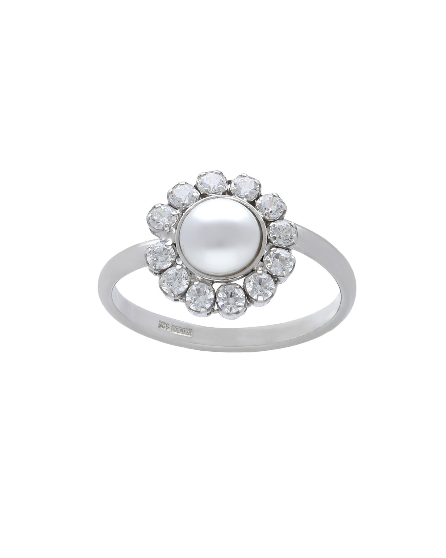 Anillo ajustable Muá rosetón con perla y cristales riviere blanco en plata baño rodio