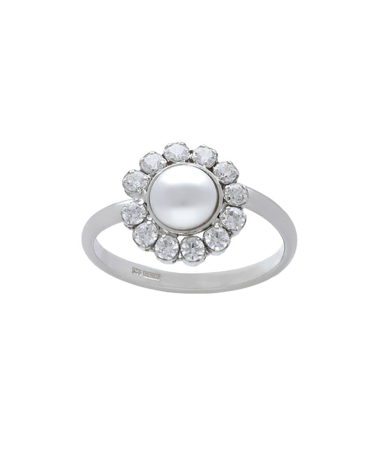 Anillo ajustable Muá rosetón con perla y cristales riviere blanco en plata baño rodio